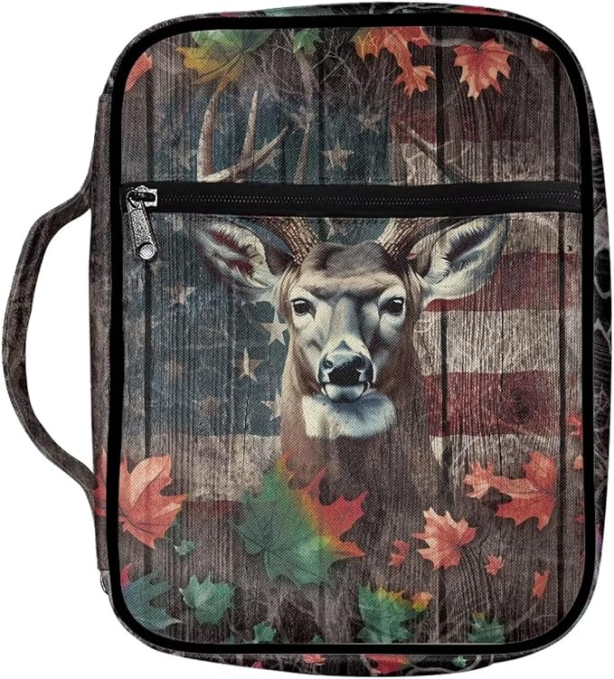 Suobstales Deer Camo Print Bible Covers for Women Men Bible Case Wood American Flag Design Bible Bag Bible Accessories with Handle and Zippered Pocket Bible Tote Bag for Women Men