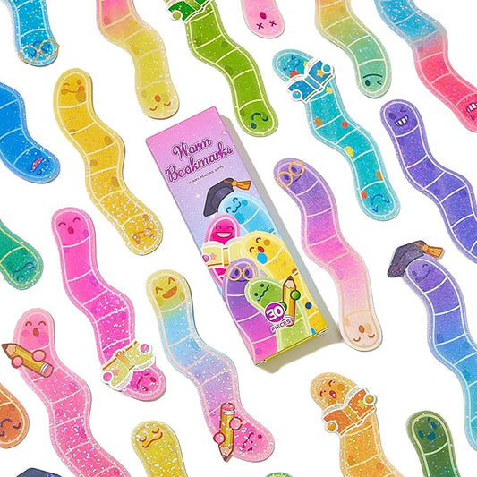 30Pcs Bookworm Bookmarks, Gliter Paper Cute Bookmark, Double Printing, Bookish Gifts for Book Lovers, Students, Readers - Cool Stationery for School & Library
