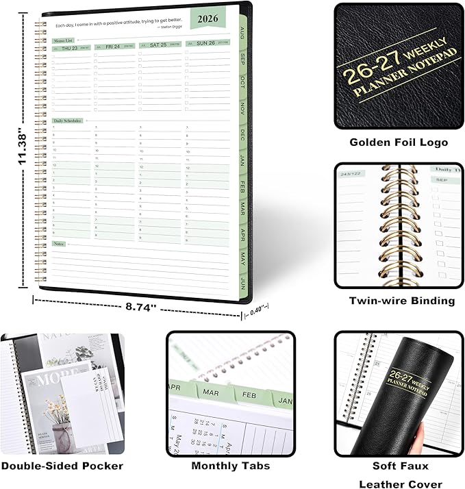 2026-2027 Planner - 11.38'' x 8.74'', Weekly & Monthly Planner Notepad, JUL. 2026 - JUN.2027, Appointment Book 2026-2027, 60 Minutes Interval, Monthly Tabs, Faux Soft Leather, Spiral Bound - Black