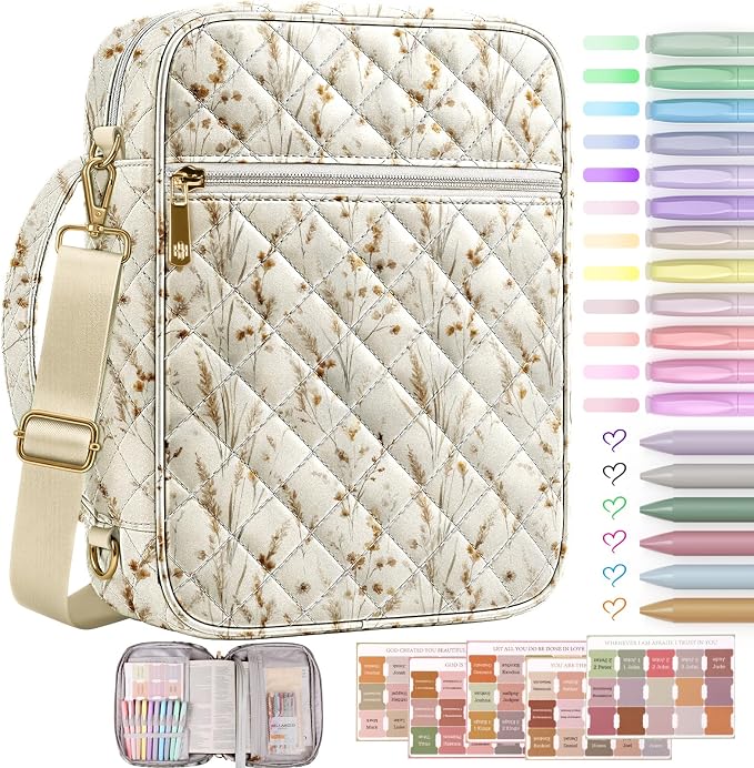 BellaHold Bible Cover Case for Women, Large Bible Bag with Detachable Strap & Bible Study Supplies, 12 Highlighters, 6 Colored Gel Pens & 75 Bible Tabs, Christian Gifts for Women (Beige Wheat Grass)