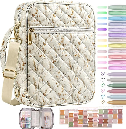 BellaHold Bible Cover Case for Women, Large Bible Bag with Detachable Strap & Bible Study Supplies, 12 Highlighters, 6 Colored Gel Pens & 75 Bible Tabs, Christian Gifts for Women (Beige Wheat Grass)