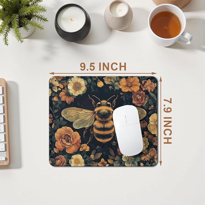 Vintage Moody Floral Bee Mouse Pad, Dark Cottagecore Botanical Bumblebee Insect Mousepad for Home Office Dorm Computers Laptop Supplies Desk Accessories,Bee Lover Gifts, 9.5x7.9 Inch