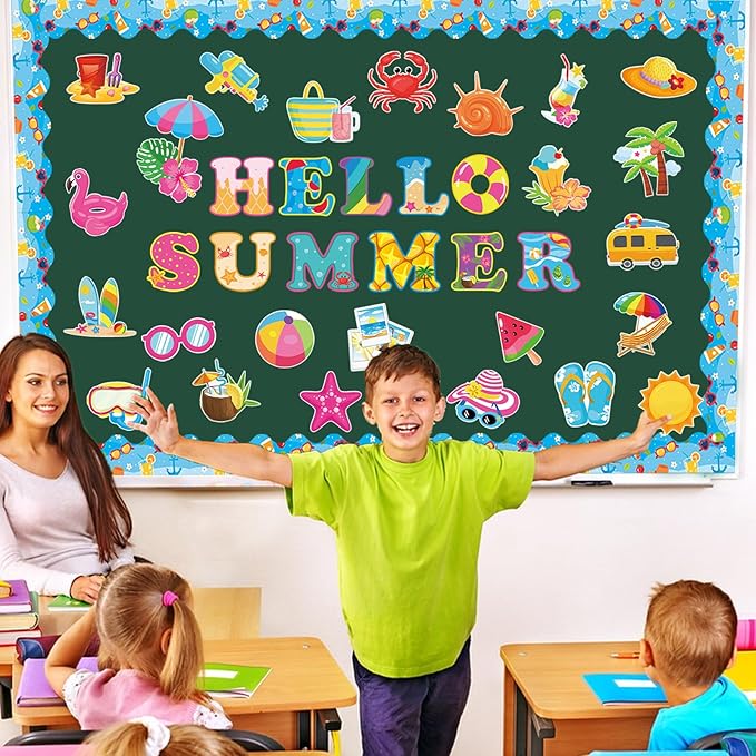 71 Pcs Hello Summer Bulletin Board Set Hawaiian Beach Slippers Sun DIY Borders Bulletin Trim Home School Hawaiian Tropical Party Supplies for Back to School Classroom Chalkboard Wall Door Decor