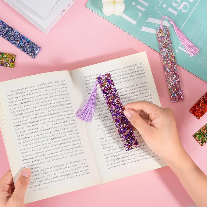 Leezmark 6 Pcs Resin Glitter Bookmarks with Colorful Silk Tassels, Transparent Acrylic Unique Bookmarks for Kids Reading, Cool Book Accessories for Book Lover Gifts (6 Colors)