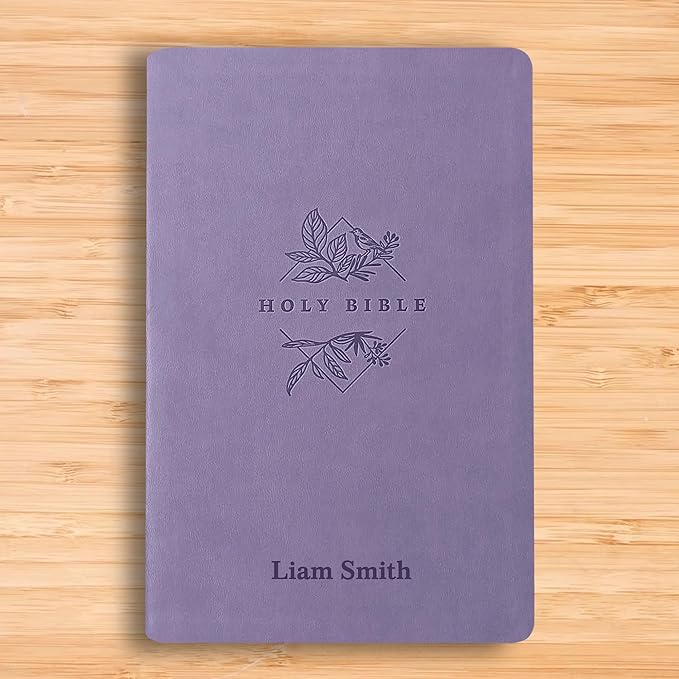 Personalized NLT Bible New Living Translation Thinline Faux Leather Holy Bible with Custom Name in Dark Purple | Large Print | Custom Gift for Religious Celebrations | Lavender/Purple