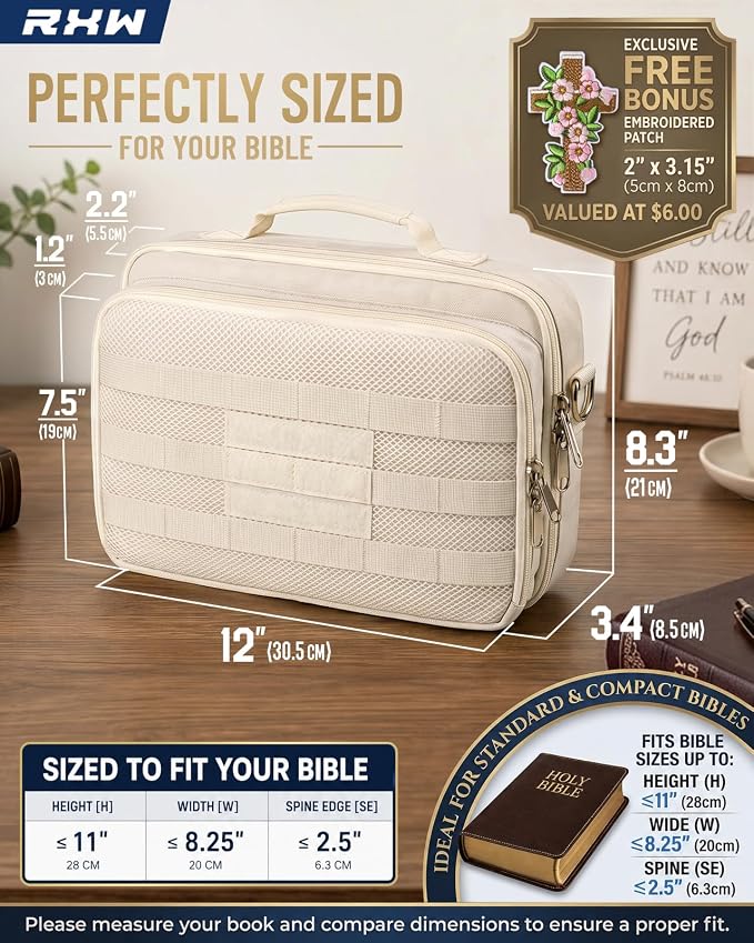 RXW Large Bible Cover Bag for Men Women, Tactical Bible Carrying Case Fully Padded of Double Layer Design, Utility Church Bag Organizer with Shoulder Strap for Tablet Art EDC, Christian Gifts for Mom