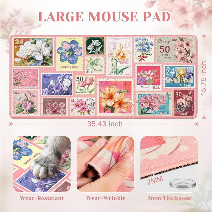 iCasso Pink Floral Desk Pad Mat, XXL Large Mouse Pad, Anti-Slip Retro Mousepad with Stitched Edges, Computer Keyboard Mat for Desktop Decor, Aesthetic Office Desk Accessories for Women(Pastel Pink)