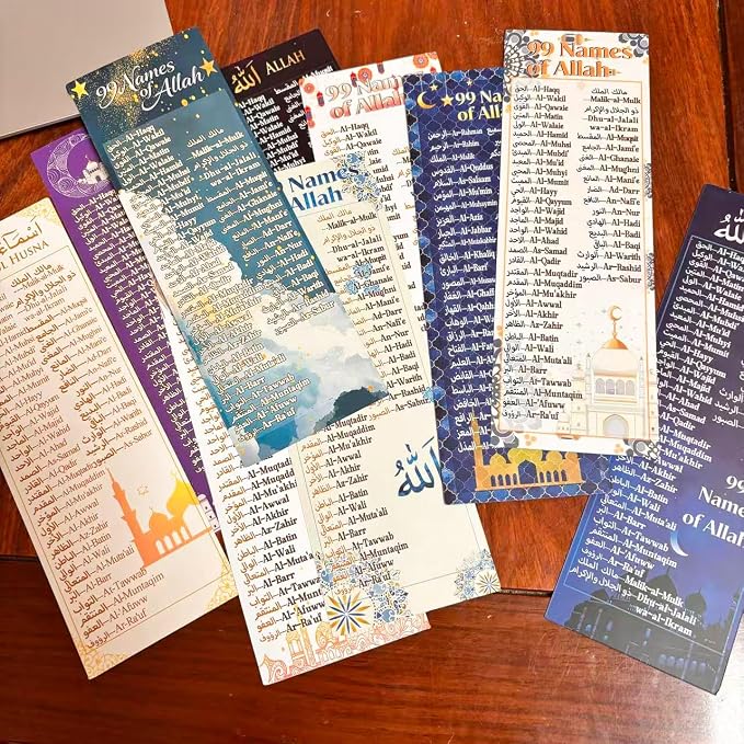 100 pcs Colorful 99 Names of Allah Bookmark Arabic English Islamic Bookmarks Reflecting on The Names of Allah Ramadan Eid Gifts Bulk Quran Muslim Islamic Arabic Gifts for Women Men Quran Learning