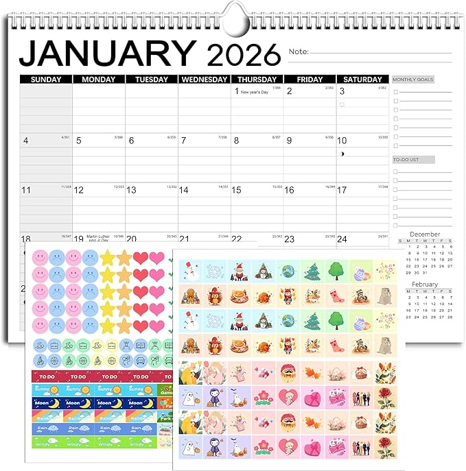 AECCN Calendar 2026-2027, Large days Blocks, 17" x 12" Large Wall Calendar 18 Months with Stickers, Anti Ink Bleed, Durable Thick Paper, 2026-2027 Calendars for Home, Office, Teacher Supplies- Simple