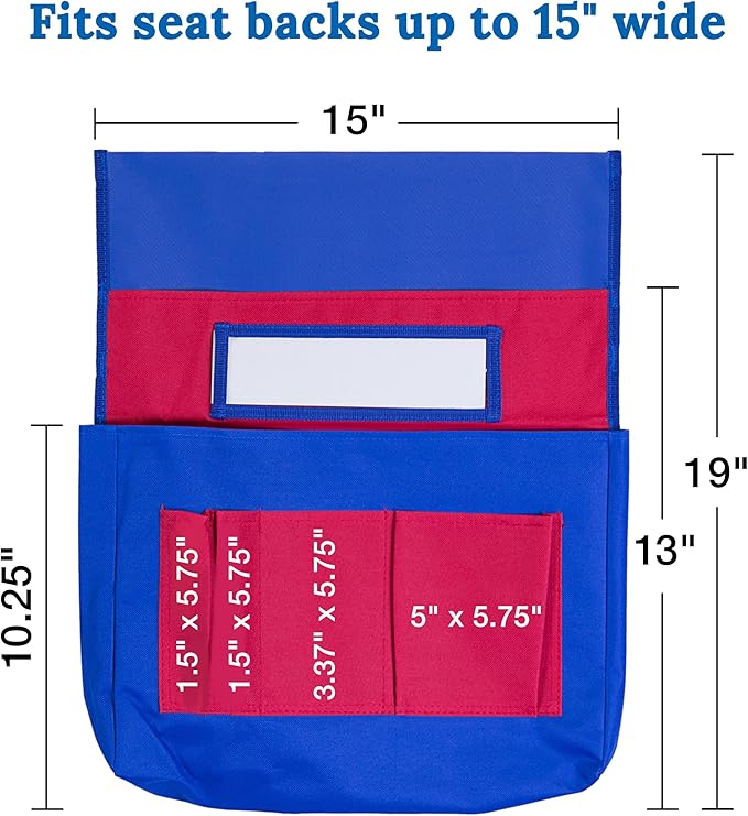 Carson Dellosa 12-Piece Chairback Buddy Pocket Chart Chair Set, 15" W x 19" H Desk Buddy Pocket Organizer With Name Tag, Back of Chair Organizer for Classroom Supplies, Chair Pockets for Classroom