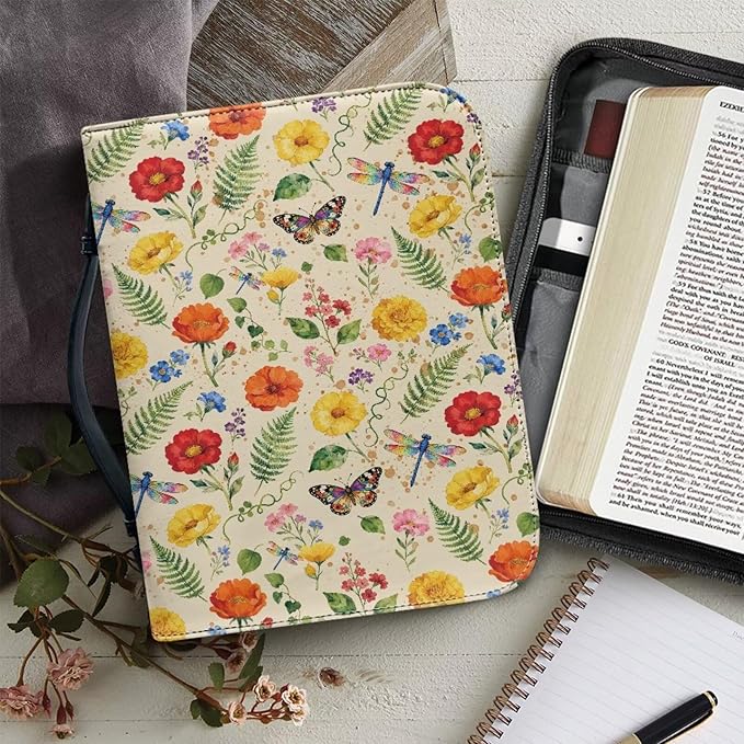 Bible Cover Case for Women,Daisy Print Carrying Book Case for Bible Accessories Leather Carrying Cases with Handle&Zippered Pocket A Christian Gift for Women-L