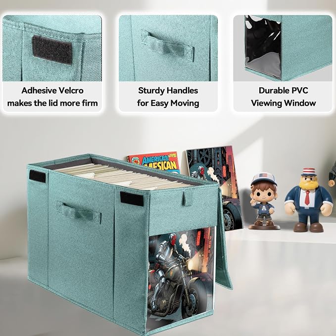 2 Pack Comic Book Storage Box with Lid for Modern Age, Collapsible Magazine Organizer with Clear Window, Green