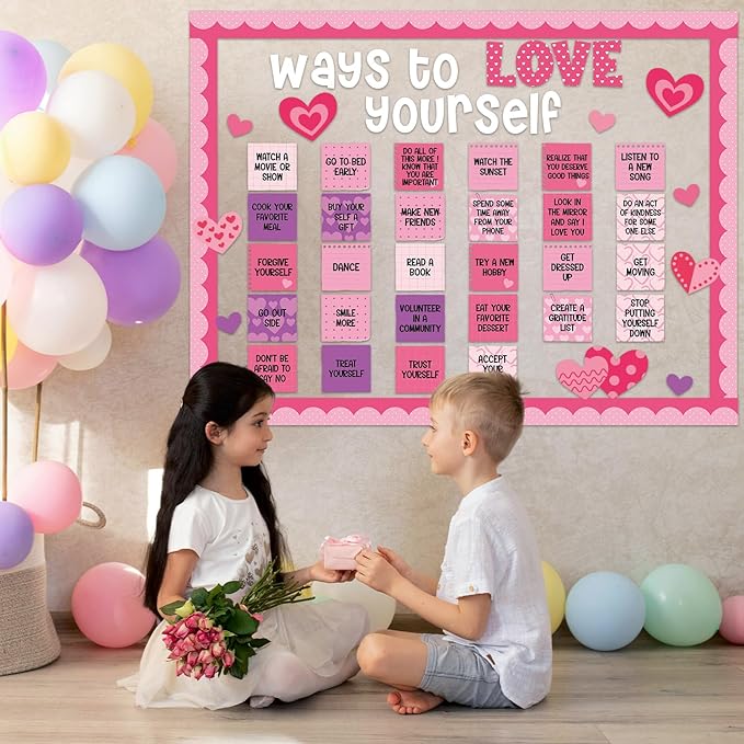 Valentines Day Bulletin Board Decoration Ways to Love Yourself Cutouts Valentines Classroom Bulletin Board Positive Affirmation Station Supplies Pink Love Cut Outs for School Classroom Wall Decor