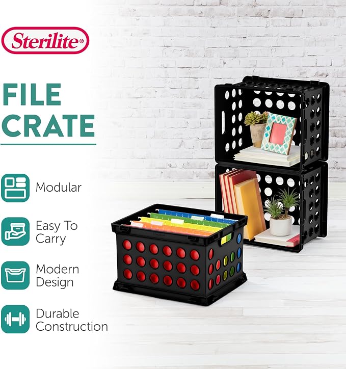 Sterilite Stackable Sturdy Storage Crate Organizer Bins with Handles for File and Document Organization for Homes, Offices, and Work Areas, Black, 18-Pack