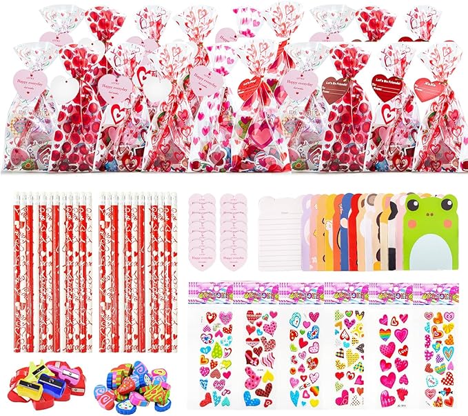 24 Pack Valentines Day Cards Stationery Set Includes Card,Pencils,Sharpener, Erasers,Notebook and Stickers for Classroom Exchange Party Favors Supplies ﻿