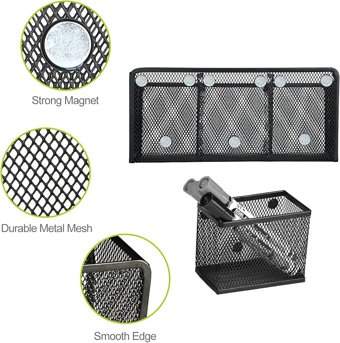 Neudeco Magnetic Pencil Holder, Black, Pack of 4 | Metal Mesh Storage Basket, Locker Shelf Organizer, For Whiteboard & Refrigerator, School & Office Supplies