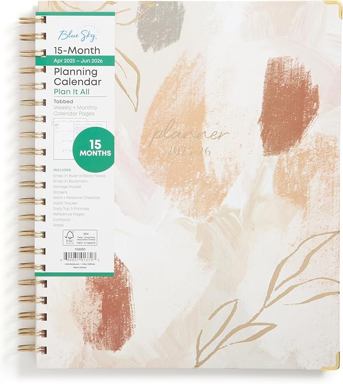 Blue Sky 15 Month 2025-2026 Weekly and Monthly Academic Year Planner Calendar, April 2025 - June 2026, 8.5" x 11", Hard Cover, Wirebound, Laminated Tabs, Storage Pocket, Includes Ruler & Stickers, Henri