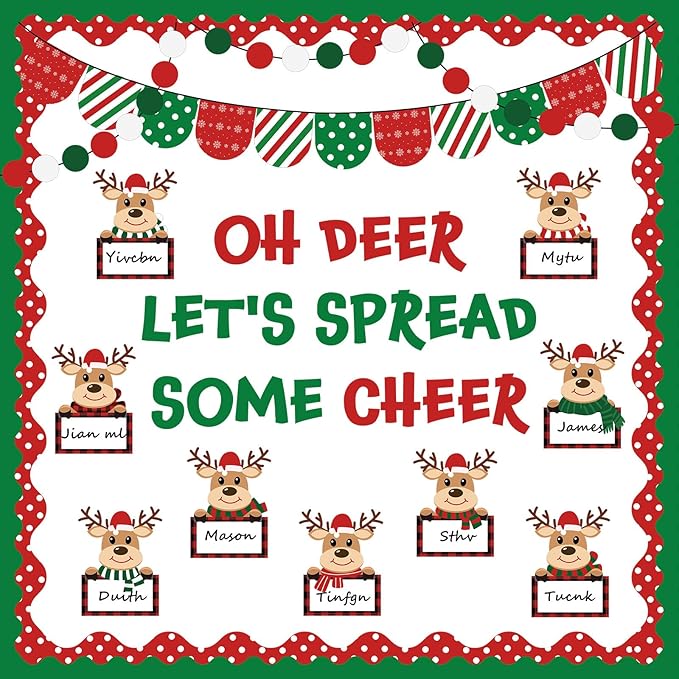 Containlol 64 Pcs Christmas Bulletin Board Set Christmas Elk Classroom Bulletin Board Xmas Elk Paper Cutouts with Boarders for Winter Holiday Party Supplies Chalkboard School Classroom Decor