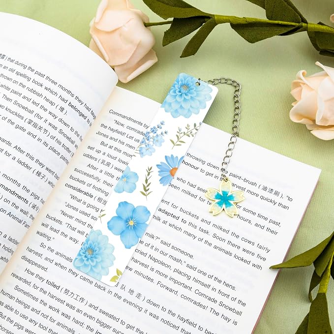 Cute Flower Bookmark Metal Bookmarks Book Marks for Reading Women Kids Bookmarks for Book Lovers Book Markers for Women Reading Accessories (Blue Flower)