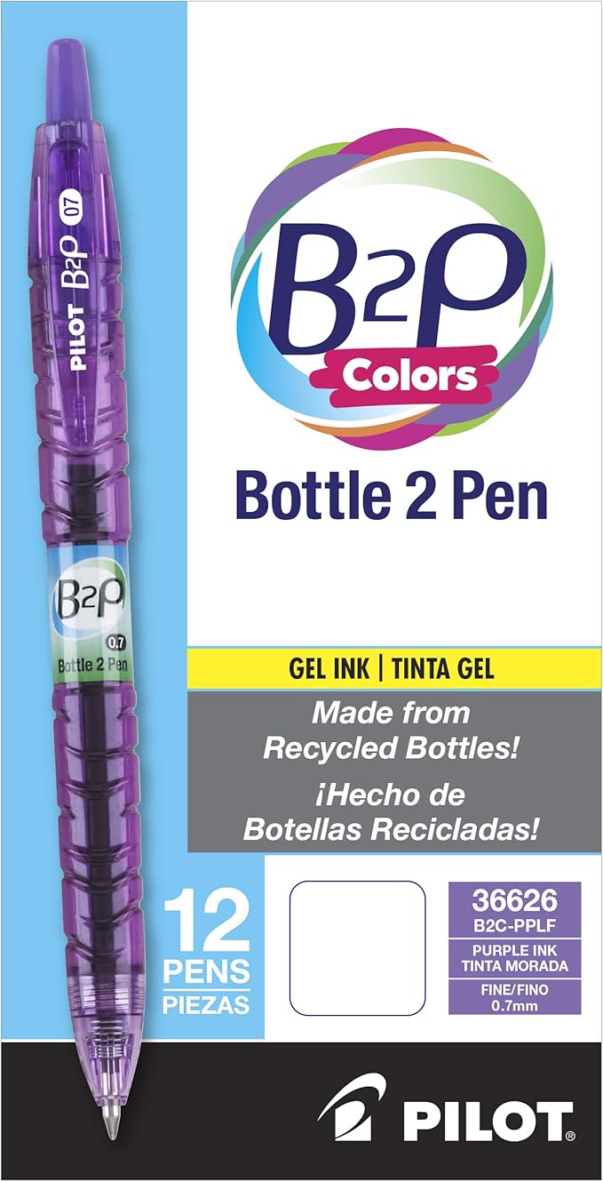 PILOT B2P Colors - Bottle to Pen Refillable & Retractable Rolling Ball Gel Pen Made From Recycled Bottles, Fine Point, Purple G2 Ink/Barrel, 12-Pack (36626)