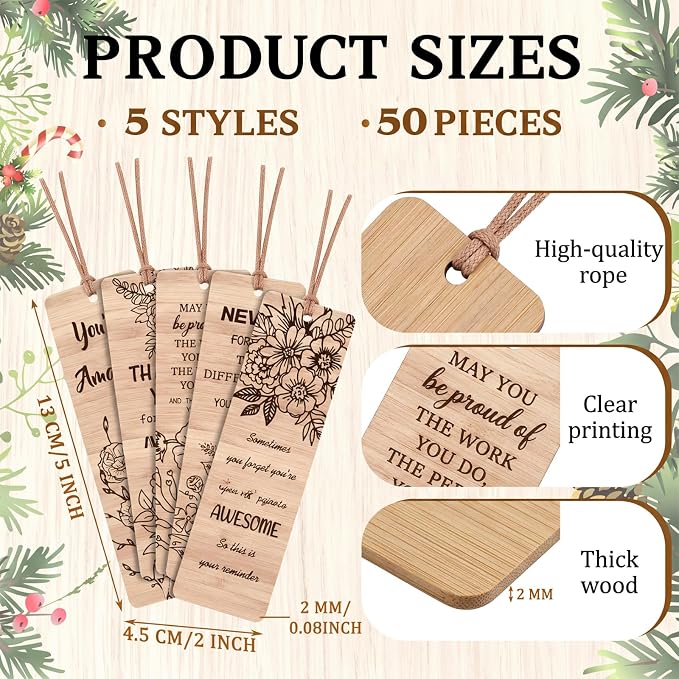 Resurhang 50 Pcs End of Year Classroom Gifts Bulk Wood Inspirational Bookmarks with Floral Encouraging Team Thank You Gift for Women Employee Coworker Paraprofessional Colleagues Teachers