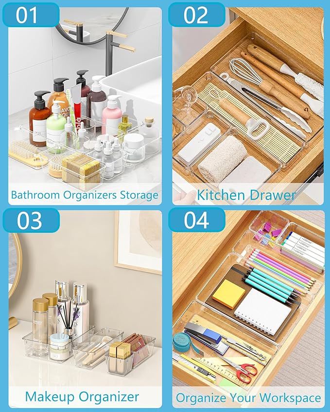 Clear Drawer Organizers Set of 60, 4-Size Vanity Organizer Trays, Stackable Bathroom & Desk Drawer Organizer for Makeup, Jewelry, Kitchen Utensils, Office Supplies and Small Gadgets Storage