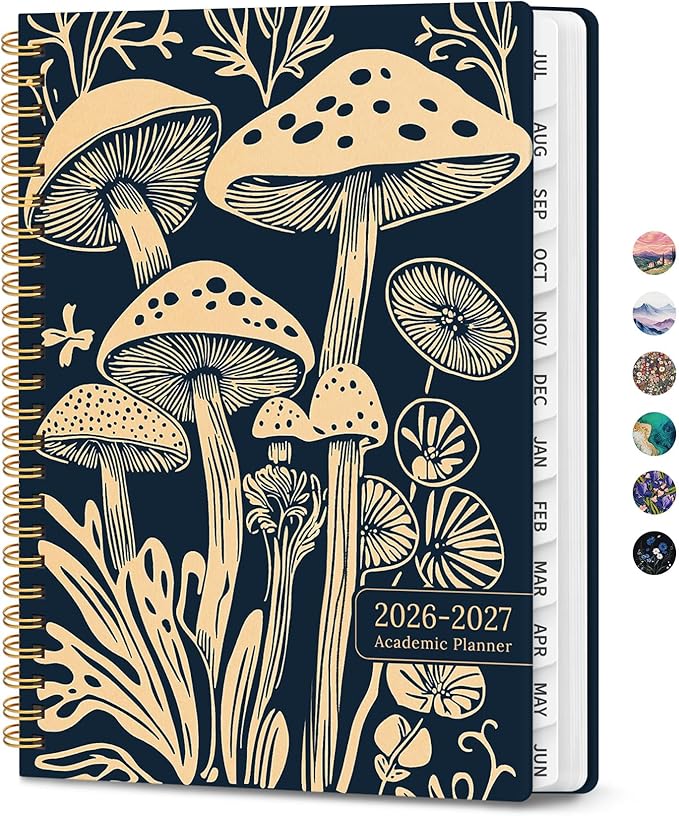 Planner 2026-2027, Monthly and Weekly Academic Planner July 2026 - June 2027, Hardcover Student Teacher Planning Agenda Calendar Book with Tabs, Perfect for Office School Supplies, A5 (6.3" x 8.5") - Mystic Mushrooms