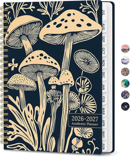 Planner 2026-2027, Monthly and Weekly Academic Planner July 2026 - June 2027, Hardcover Student Teacher Planning Agenda Calendar Book with Tabs, Perfect for Office School Supplies, A4 (8.5" x 11") - Mystic Mushrooms