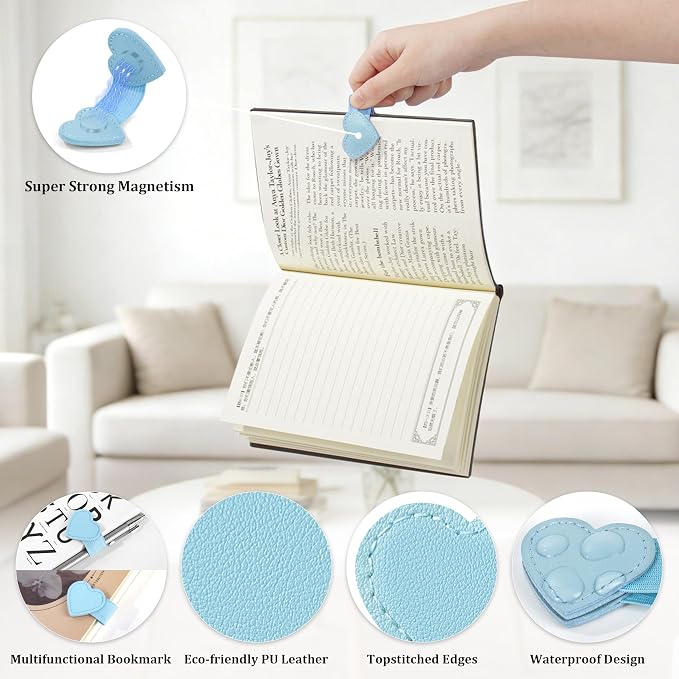 2Pcs Magnetic Leather Heart Bookmarks with Pen Holder, Cute Book Markers Clip with Gift Box, Reading Accessories for Book Lovers Women Teachers Students, Light Blue