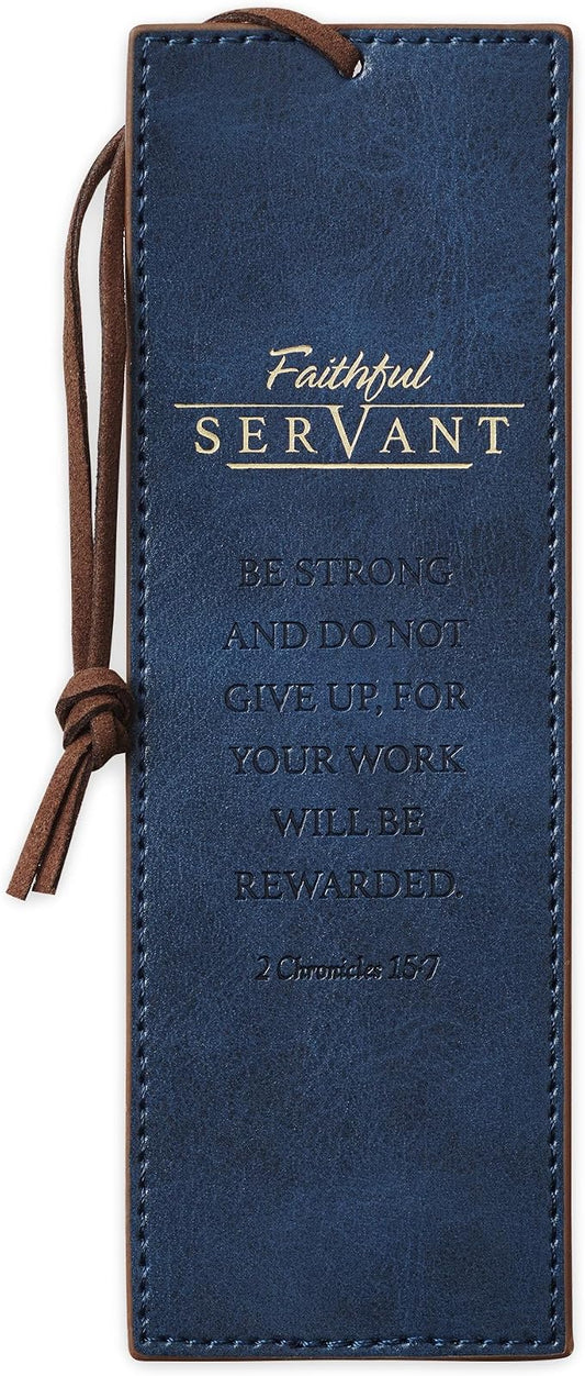Christian Art Gifts Vegan Faux Leather Scripture Bookmark for Men & Women: Faithful Servant - 2 Chronicles 15:7 Inspirational Bible Verse, Heat-Debossed Faith-Based Reading Accessory w/Cord, Navy Blue