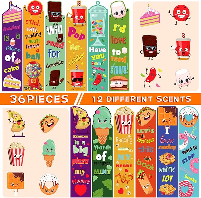Fainne 36 Pieces Scented Scratch and Sniff Bookmarks for Kids Snack Fruit Scented Bookmarks Funny Classroom Smelly Bookmark for Students Teenager School Office Home, 12 Style