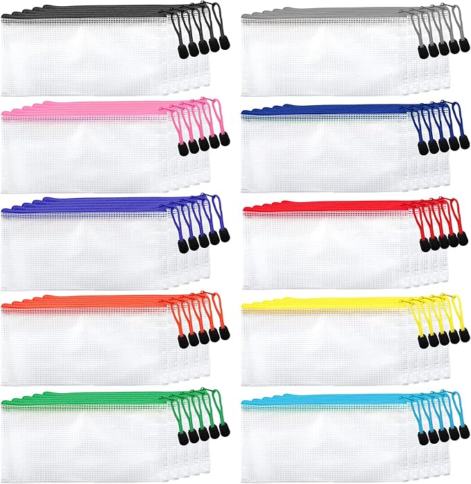 Hedume 50 Pack 10 Colors Zipper Mesh Pouch, A6 (9.1 x 4.7 inches) Zipper Pouch Waterproof Plastic Zip File Bags, for Bills, Cosmetics, Travel Storage and Office Supplies