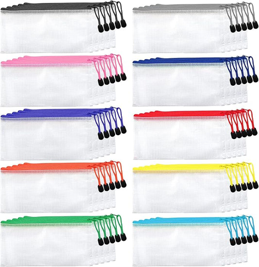 Hedume 50 Pack 10 Colors Zipper Mesh Pouch, A6 (9.1 x 4.7 inches) Zipper Pouch Waterproof Plastic Zip File Bags, for Bills, Cosmetics, Travel Storage and Office Supplies