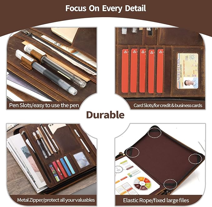 Ringsun Genuine Leather Portfolio Organizer for Men Women with Handle, Full Grain Leather Padfolio Folder with Zipper Business Resume Portfolio for 12.9" iPad, Brown, RS118