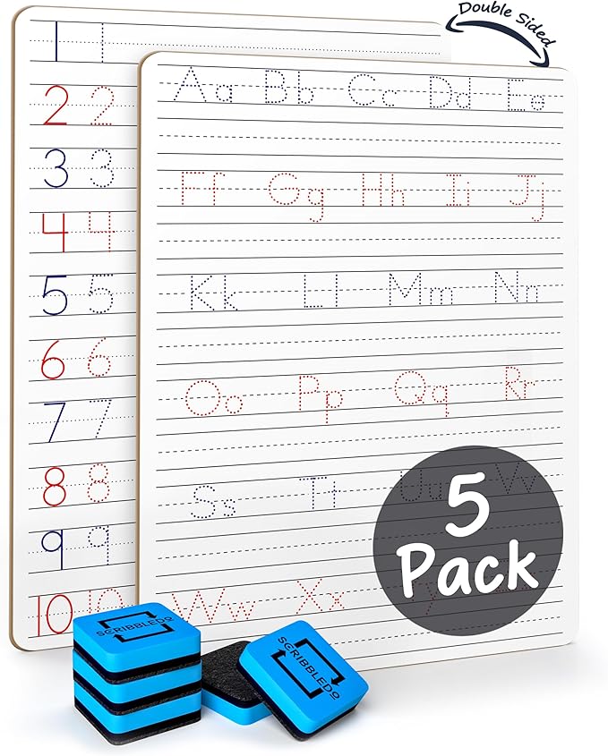 Scribbledo 5 Pack Dry Erase Handwriting Practice for Kids 9 x 12 Inch Letter Alphabet Tracing Board Whiteboard for Kids Ages 3-5 Write and Wipe Alphabet Practice Cards Letters & Erasers
