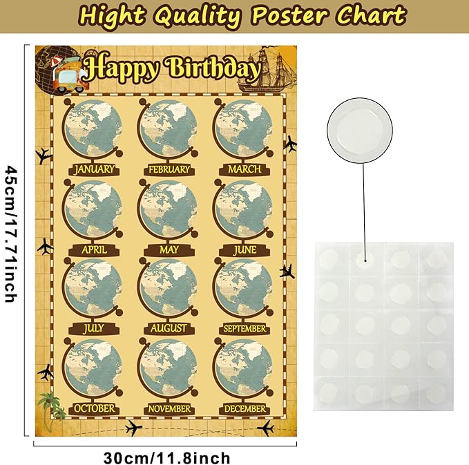 Happy Birthday Chart for Classroom, 2Pcs Birthday Poster Decoration 17’’ x 12’’ Birthday Travel Map Calendar Cutouts for School Bulletin Board, Chalkboards, Wall Decor