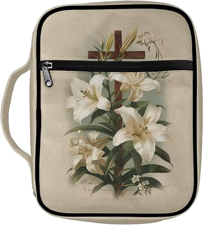 Suobstales Cross Lily Print Bible Covers for Women Men Bible Case Bible Bag and Tote Bible Accessories with Handle and Zippered Pocket Carrying Book Case