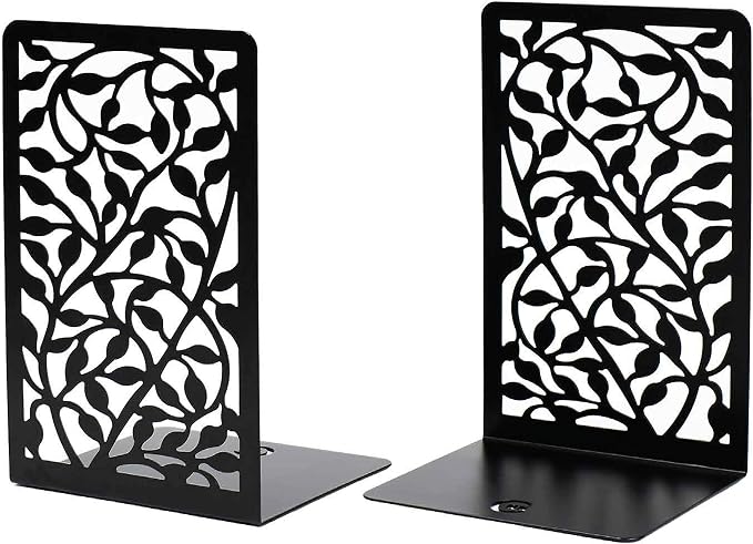 CNK Book Ends for Shelves - Metal Holders for Home Office Heavy Books, Shelf Stoppers, Decorative Set of 2 Black Infinite Leaves Bookends