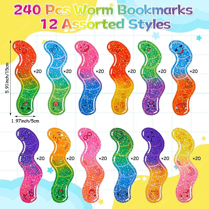 240 Pcs Worm Bookmarks Bulk for Kids Fun Holographic Glitter Gummy Worm Cute Bookmarks Funny Bookmark for Adults Student Teacher Reading Lovers Gift Bookish Party Favors
