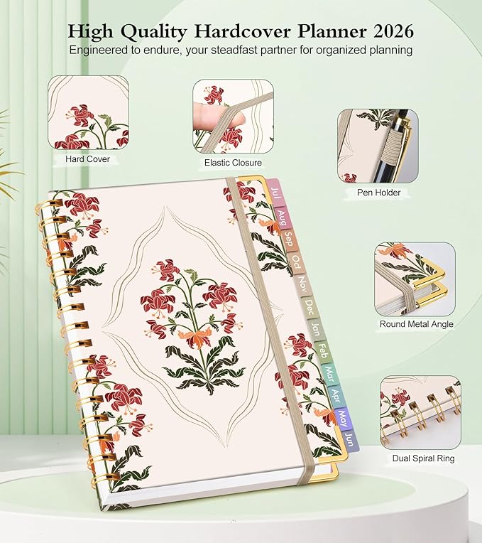 Academic Planner 2026-2027, Hardcover Weekly and Monthly Calendar Planner from July 2026 - June 2027, Daily Agenda Planners with Tabs, College School Organizer for Student Teacher, A5 (6.1" x 8.2"), Beige Bouquet