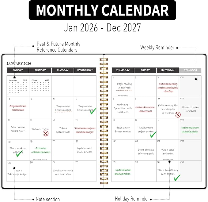 2026-2027 Monthly Planner, Calender Planner from Jan 2026 - Dec 2027, 24 Months for Planning with Habit Tracker, To-Do List, Goals,Summary ,7.5" x 10", Spiral Bindding for Personal Organizer and Office Supplies