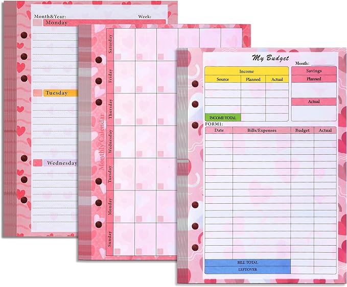 Toplive 3 Pack A5 Planner Refill 82 Sheet Colored Monthly Weekly Planner Refill Paper 6 Hole Budget Sheets Expense Tracker Inserts for A5 Binder Cover Bill Saving Organizer, Pink
