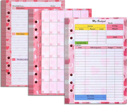 Toplive 3 Pack A5 Planner Refill 82 Sheet Colored Monthly Weekly Planner Refill Paper 6 Hole Budget Sheets Expense Tracker Inserts for A5 Binder Cover Bill Saving Organizer, Pink