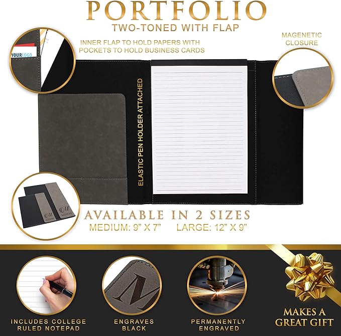 My Personal Memories, Personalized Portfolio with Custom Monogrammed Flap - Engraved Teacher, Student, Business, Man, Woman, Gift (Gray Flap)
