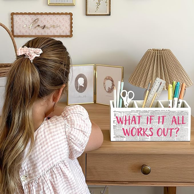 Inspirational Pen Holder, Positive Affirmation Gifts for Women Pencil Holder for Desk, What If It All Works Out Motivational Wooden Box Sign Decorations for Girly Room Dorm Desk Tabletop