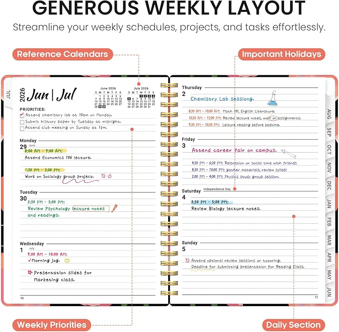 Planner 2026-2027, Academic Year Weekly and Monthly Calender Planner, from Jul 2026 - Jun 2027, Spiral Bound School Planning Book, Perfect for Teacher, Student, Women & Men, A5 (6.3" x 8.5"), Midnight Poppies