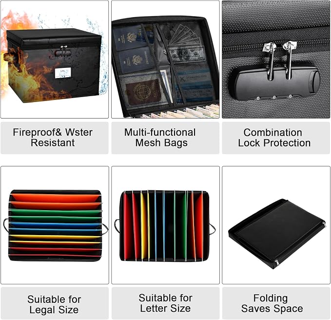 File Box Fireproof Document Box with Lock, Document Safe File Storage Organizer Boxes for Next of Kin Estate Planing Organizer End of Life Planner (Box, Black)