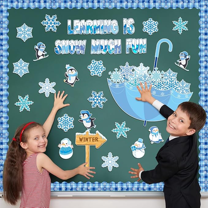 TaoBary 83 Pcs Winter Snowflake Bulletin Board Set Snowflake Penguin Snowman Umbrella Cutouts Learning is Snow Much Fun Bulletin Board Decorations for School Home Chalkboard Wall Decor