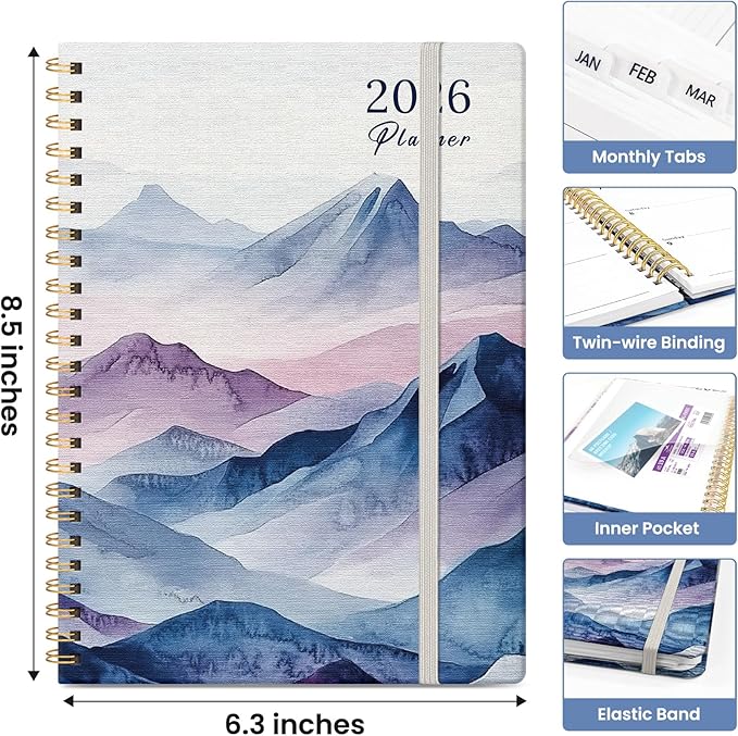 2026 Planner, Weekly and Monthly Calendar Planner for Women, Jan 2026 - Dec 2026, Hardcover Planning Agenda book with Tabs, Spiral Bound, Inner Pocket, Perfect for School Office Supplies, 6.3" x 8.5" - Distant Peaks