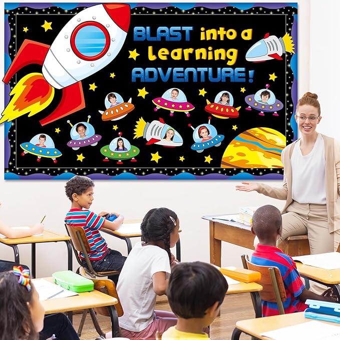 Outer Space Bulletin Board Set Blast into A Learning Adventure Classroom Bulletin Board Decorations Spacecraft DIY Photo Space Themed Cutouts for Back to School Kids Classroom Chalkboard Wall Decor